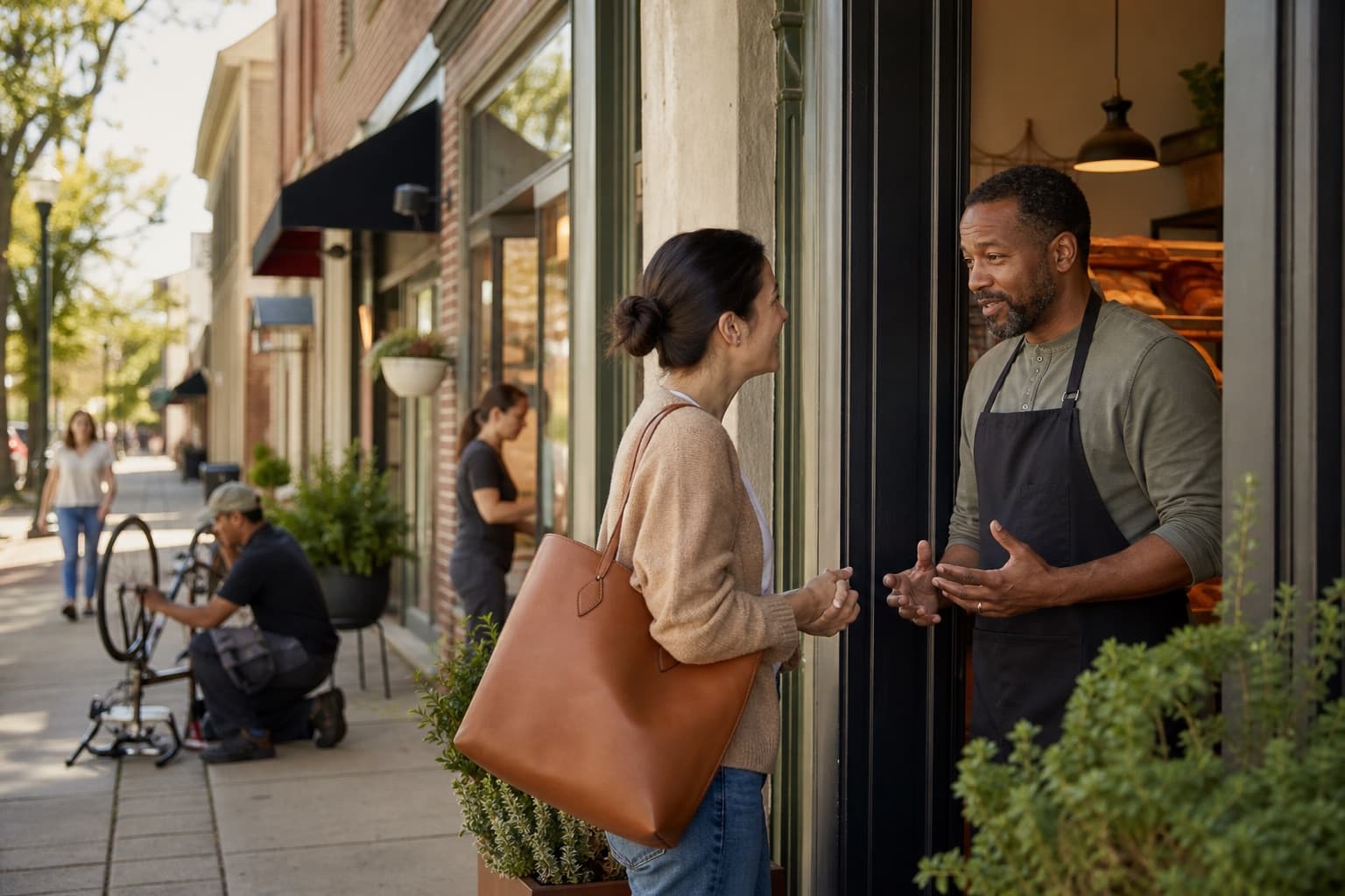 A local shop owner welcoming a customer at the door of their storefront.