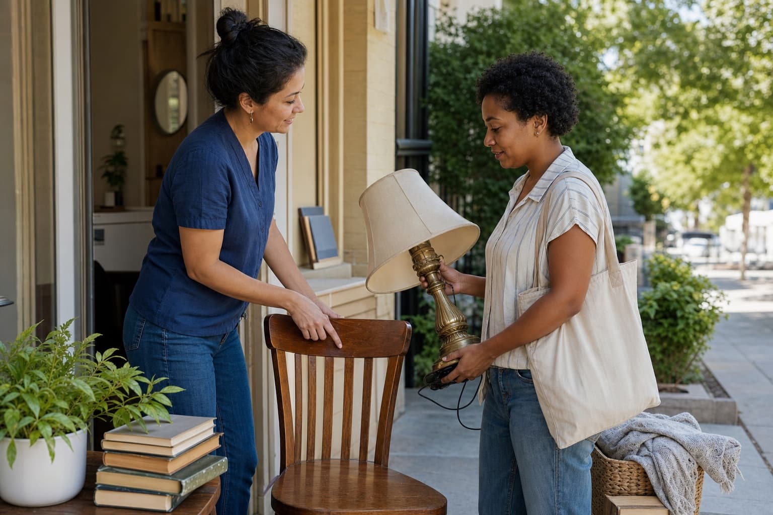 Two neighbors exchanging a pre-owned lamp and wooden chair outside a local shop.
