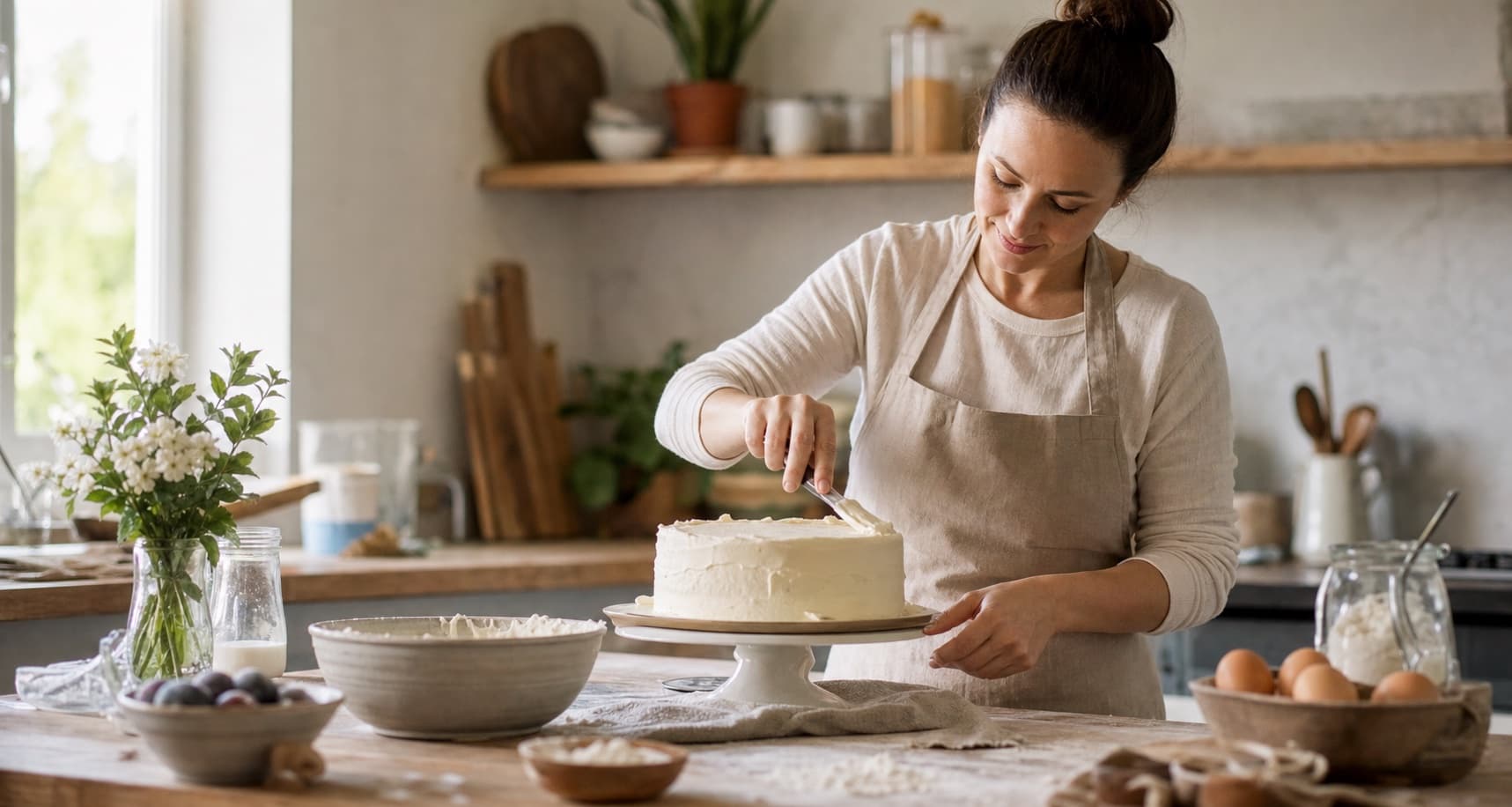 A local creator decorating a homemade cake in a cozy home kitchen.